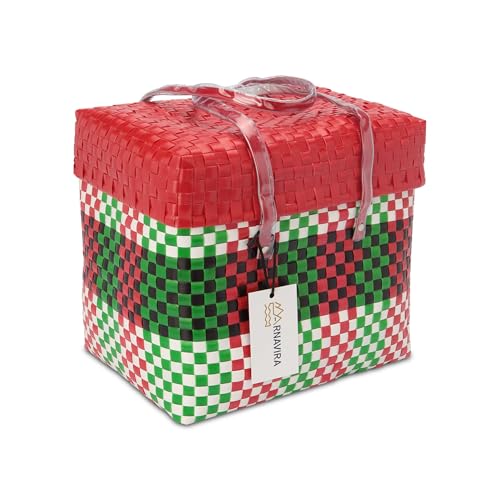 Image of Arnavira Handmade Multipurpose Basket with Lid 4L Used for Organiser, Makeup Items Storage,Kids Tiffin (18x12x19 cm) (Red Green, X Small)