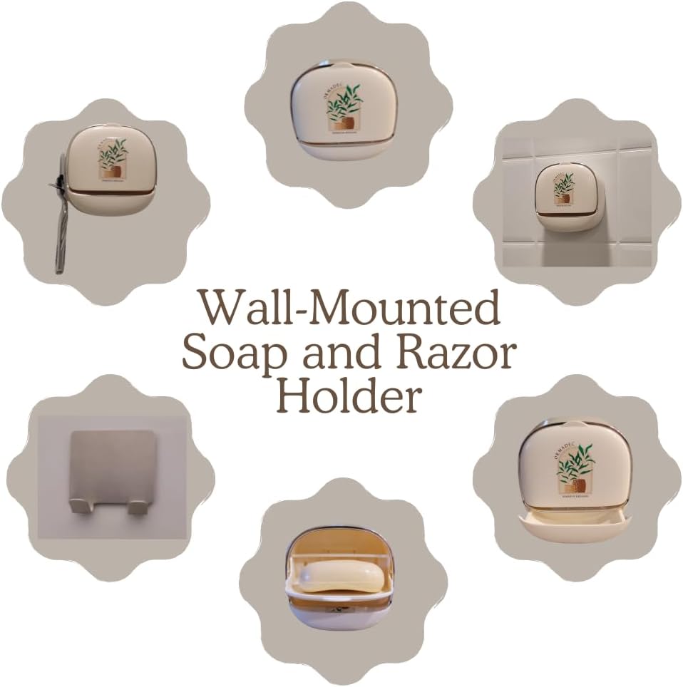 Soap and Razor Dish Holder with Drain Tray- Flip top, Waterproof, Wall Mounted, with Additional Hook for loofas and Others. No Drilling and Lightweight. - Image 8