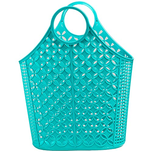 Domotti Einkaufskorb Shopper 16 x 40 x 45 cm Flechtkorb Einkaufstasche Tasche aus Kunststoff Eco Tasche Tragetasche geometrisches Muster türkis Cover