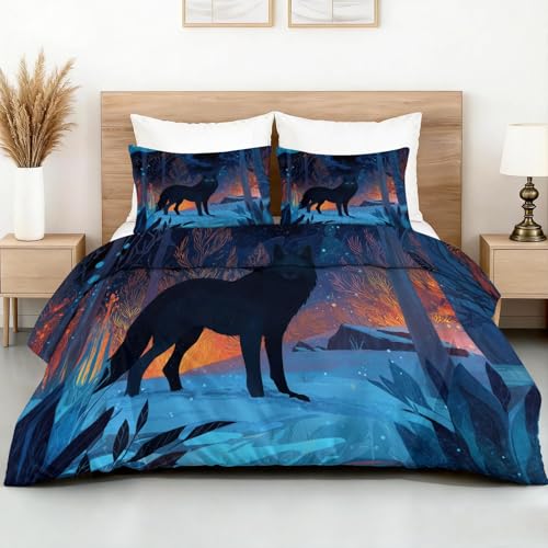 Housse de couette 140x200 loup noir avec 2 taies d'oreiller pour ado