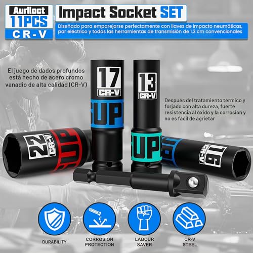Miniatura 4 de Aurlloct 11 Piezas Juego De Llaves De Vaso, 10-24mm Llaves De Vaso Impacto 1 2 , Con 1 4 A 1 2 Adaptador De Dado, Vaso De Impacto Ferramentas Auto Para Reparación De Coches Cambio De Neumáticos