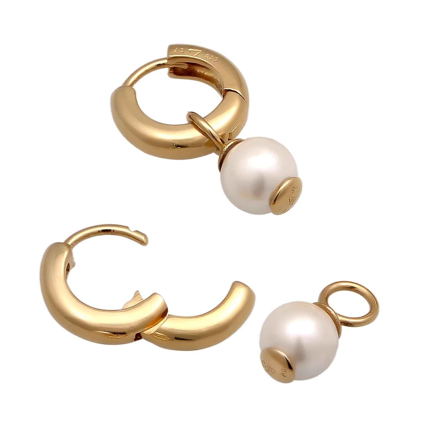 Kuzzoi Orecchini da uomo in argento 925 placcato oro (12 mm) orecchini a cerchio rotondi per l'uomo classici orecchini con perla di conchiglia, Argento sterling Oro giallo