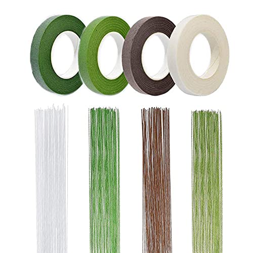 Cosswe Rubans Floraux Fil Floral, 4 Rouleaux Fleuriste Ruban Tape 200pcs Fil Floral Tige Fil de Fer Ruban de Fleuriste Fil de Tige de Fleurs pour Bouquet Fleur Mariage Cover