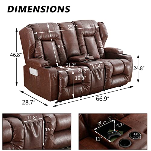 Ipkig 67" Rv Loveseat Recliner | Double Recliner Rv Sofa With Console |Faux Leather Reclining Rv | Rv Theater Seats |Rv Theater Seating | Rv Furniture, Manual Recliner Chair (Red Brown) #TOP1