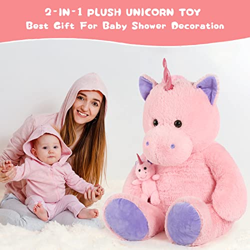 Morismos Giant Stuffed Unicorn 4 Foot, 51'' Giant Unicorn Stuffed Animal, 2-In-1 Big Stuffed Unicorn & Baby Unicorn Doll, Pink Unicorn Stuffed Animal For Girl Kid On Birthday Christmas Valentine's Day #TOP4