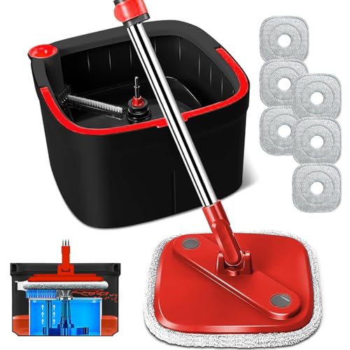 Spin Mop and Bucket Set with Separation Dirty and Clean Water System, Self Wringing 360° Rotating Clean Mop-Head and Bucket Set for Hardwood Tile Marble Floor with 6pc Replaceable Mop Pads