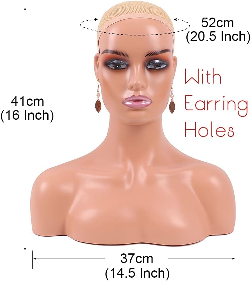 Realistic Female Mannequin Head with Shoulder for Display - Manikin Head with Shoulder for Wig/Jewelry/Makeup/Hat/Sunglass Display (Light Brown-Sliver Lips)