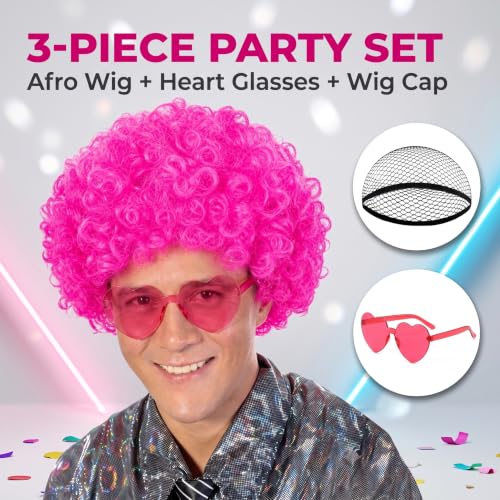 Image of FREE BEAUTY Hot Pink Afro Wig with Heart Sunglasses for Women Men, Colored Short Fluffy Curly Funny Party Afro Wigs 70s 80s Disco Hair for Disco Halloween Cosplay Costume Party Music Festival