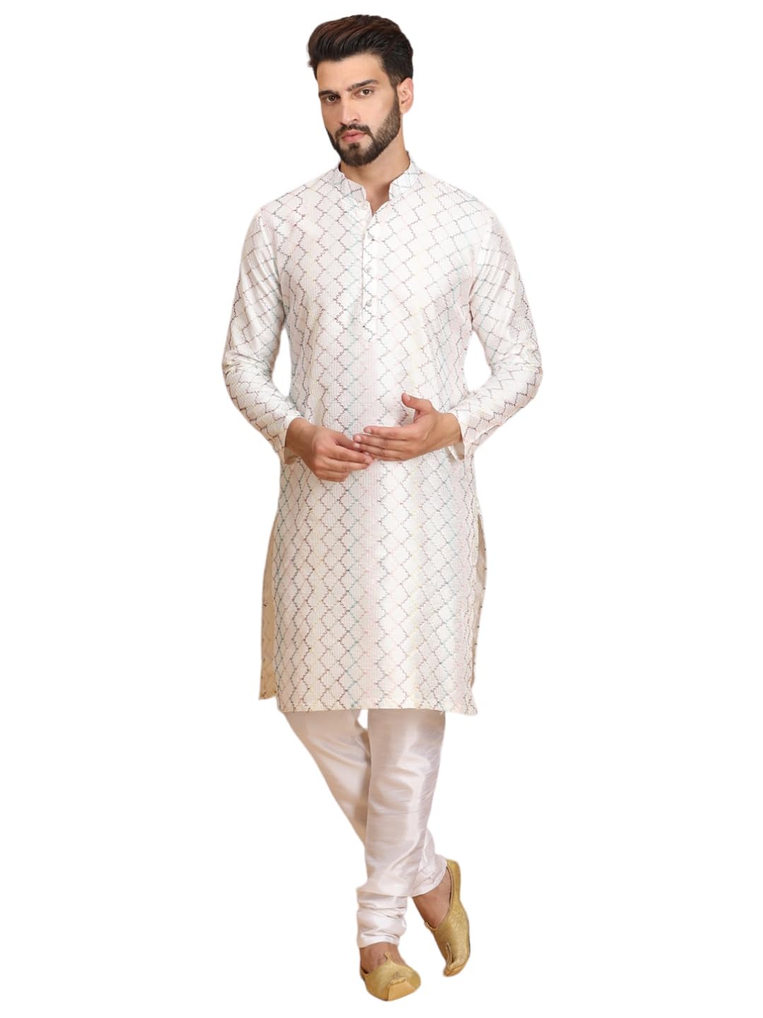 ethluxis Men's Silk Blend Embroidered Kurta with White Churidar Set-picture-18