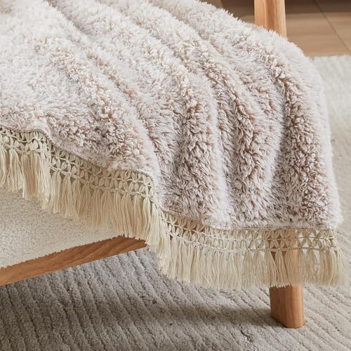 Image of EMME Soft Sherpa Fleece Blanket with Tassel, Reversible Plush Fluffy Large Blanket, Light Weight Warm Decorative Boho Blanket Cover for Sofa, Couch, Bedroom,Travel(Tassel Khaki,60 inchx80 inch)