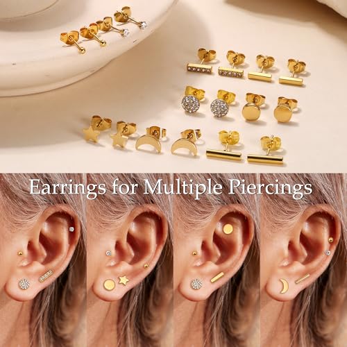 FIBO STEEL 9 Pairs Stainless Steel Stud Earrings for Women Star Moon Bar CZ Earring Stud Sets Cute Hypoallergenic Small Stud Earring Gold Tone by FIBO STEEL - Used condition - Image 4