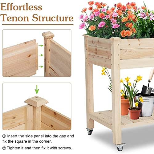 Kintness Raised Garden Bed Large- Elevated Wood Planter Box With Wheels Storage Shelf Stand For Backyard Patio 50" Lx 21" Wx 34" H #TOP1