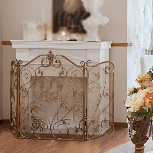 cdpdmai Biombo Chimenea de 3 Paneles Pantalla de Chimenea Pantalla de Chimenea Grande de Oro Hierro Forjado Adornado Metal Chimenea Puerta de Fireplace Screens Decorative Fire Place Screen Pantalla
