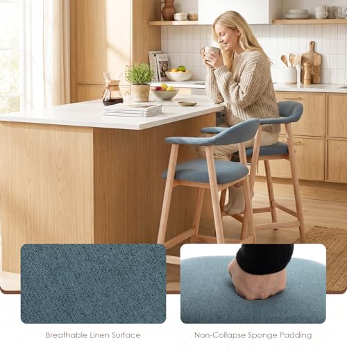 Image of 26 inch Bar Stools Set of 2, Upholstered Counter Stools, Modern Linen Counter Height Bar Chairs with Backs and Arms, Wood Legs and Footrest, for Kitchen Counter, Island, Dining Room, Blue