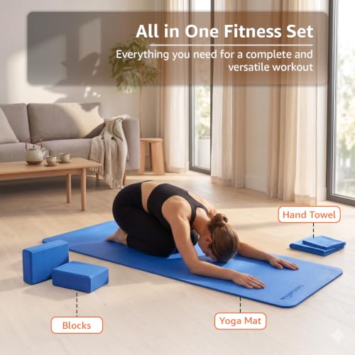Image of Amazon Basics TPE Yoga Mat | 6 mm Thick | Non-Slip Grippy Surface | Lightweight & Durable Rubber-Like Material | Floor Protection | Ideal for Yoga, Pilates, Stretching & Fitness | 180 x 61 cm | Blue