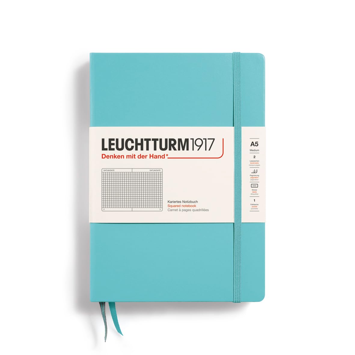 LEUCHTTURM1917 - Notebook Hardcover Medium A5-251 Numbered Pages for Writing and Journaling (Aquamarine, Squared)