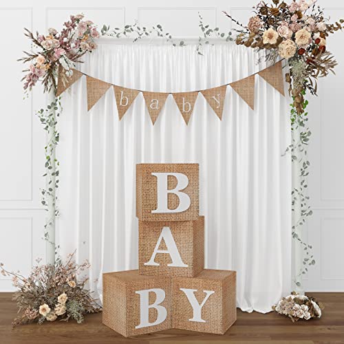 RUBFAC Baby Boxes with Letters for Baby Shower, 4pcs Rustic Farmhouse Style Boho Balloon Boxes with Burlap Grain for Birthday Gender Reveal Decoration Backdrop Photo Props