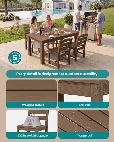 Image of SERWALL 59 inch Patio Dining Set for 4, w / 1 Table & 4 Armless Chairs, Brown