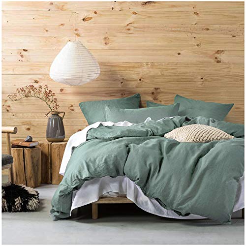 Eikei Washed Cotton Chambray Duvet Cover Solid Color Casual Modern Style Bedding Set Relaxed Soft Feel Natural Wrinkled Look (Queen, Pine)