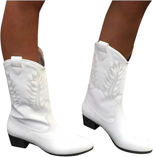 Botas vaqueras para mujer, bordadas con punta cuadrada, botas vaqueras,  botas clásicas de tacón apilado a media pantorrilla : Ropa, Zapatos y  Joyería - Amazon.com