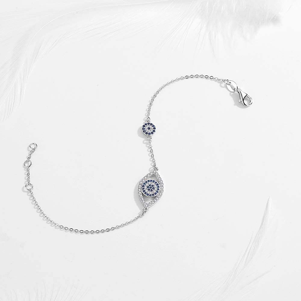 Blue Evil Eyes Link Bracelet Sterling Silver 925 Cubic Zirconia Chain Adjustable 6.7" 7" 7.5" - Image 5
