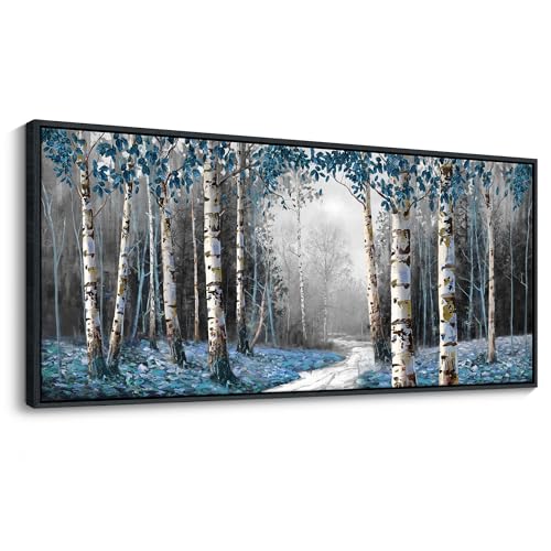 Image of HKDGOKA Large Landscape Wall Art, Gray Blue Birch Tree Abstract Canvas Painting Picture Modern Misty Forest Artwork Framed for Living Room Bedroom Office Kitchen Home Wall Decor 71 inchx32 inch