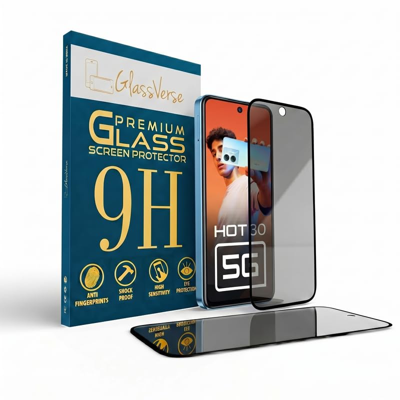Image of GlassVerse Privacy Tempered Glass for Tecno Spark 10 5G | Anti Spy Screen Protector, 9H Hardness, Edge to Edge, Case Friendly, Hassle-less Installation Kit Included. (Pack of 2)