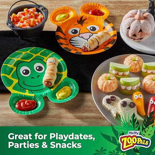 hefty zoo pals party edition paper plates for kids assorted animal designs 775 inches with two dipping compartments multi-color 20 count