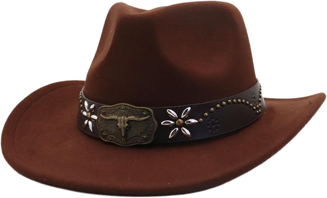 Classic Western Cowboy Cowgirl Hat for Women Men, Felt Wide Brim Hat with Belt Strap Retro Rodeo Cattleman Hat