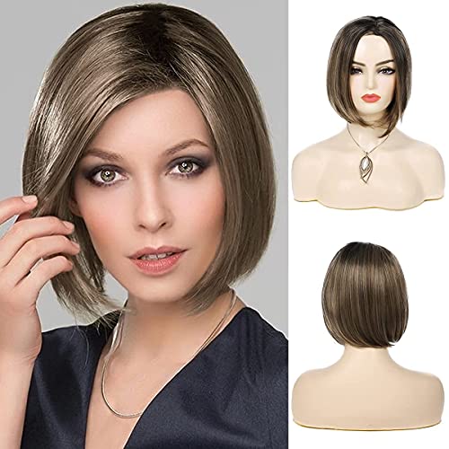 Sallcks Short Bob Wig Ombre Brown Wig Side Part Synthetic Heat Resistant Hair Replacement Wig for Women