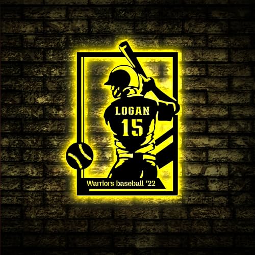 soulglass - Panneau De Baseball En Métal Personnalisé Avec Lumière LED, Panneau Néon De Décoration Murale De Baseball, Cadeaux De Baseball Pour Garçons Et Filles, Cadeaux De Joueur De Baseball