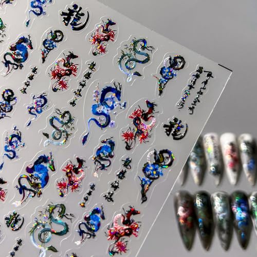 2Sheets Embossed Dragons Nail Art Stickers Decals for Women Girls Year of Dragon Acrylic Manicure DIY Salon Nail Decorate Supplies (Dragon-1)