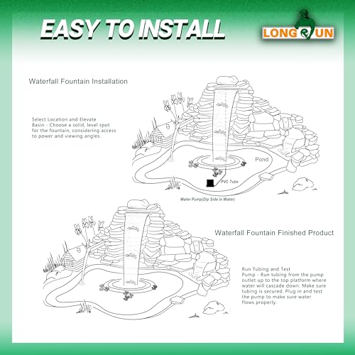 LONGRUN 60cm Teich Wasserfall Klingen Set, Acryl Gebogener Wasserfall Überlauf, Außenpool Brunnen mit 7 Farben Bluetooth LED Lichtern und Fernbedienung, Breite 26cm