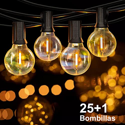 HONGHCL - Guirnalda de Luces LED 15m - Guirnalda de Luz LED para Exterior con 25+1 - Tira de Bombillas LED para Patio Impermeable,Cadena de luz de...
