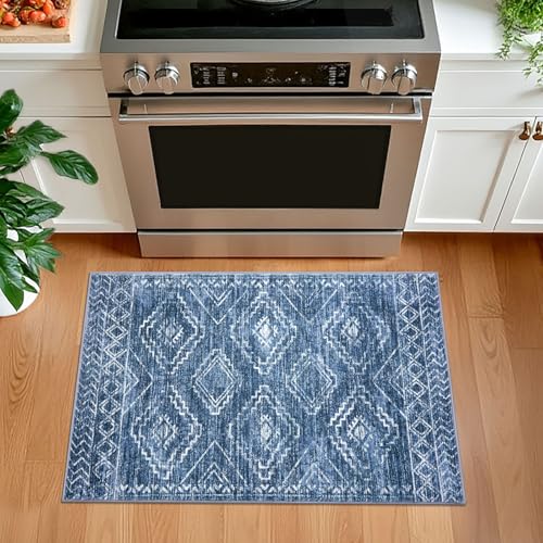 KILOCOCO Small Rug 2'x3' Entryway Rug Door Mat Indoor Soft Non Slip Printed Machine Washable Rugs for Bedroom Kitchen Entrance Front Door Geometric Boho Throw Rugs, Stonewashed Blue