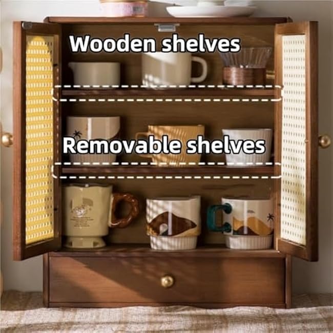 Coffee Station Establisher with Drawer Countertop Storage Organizer Desktop Storage Cabinet Mug Holder for Kitchen Elegant(Natural)