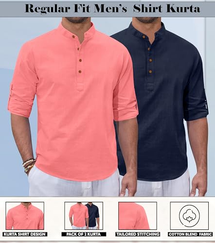 Image of Zombom Combo of Men's Casual Solid Cotton Polyester Blend Full Sleeve Straight Kurta Shirt (Pack of 2)