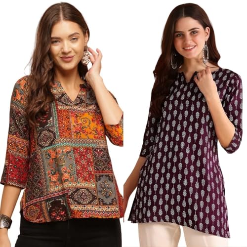 Image of Women's Cotton Printed Short Kurti, Round Neck, Three Quarter Sleeve, Straight Fit, Pack of 2