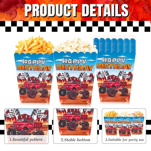 10 Stück Monster Truck Party Popcorn Boxen Monster Truck Renntaschen Goody Treat Süßigkeitentaschen Partyzubehör für thematische Geburtstagsdekorationen