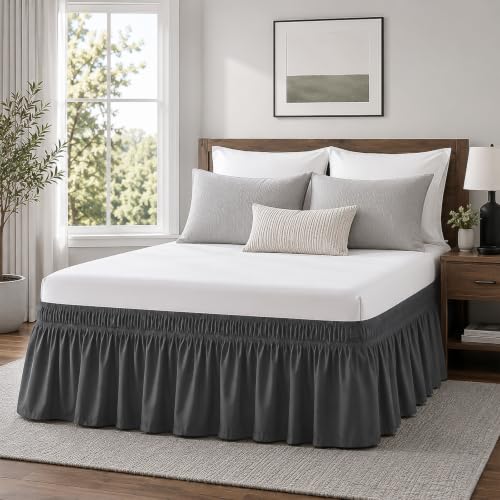 Vocander Dark Gray King Bed Skirt 14 Inch Drop, Elastic Wrap Dust Ruffle