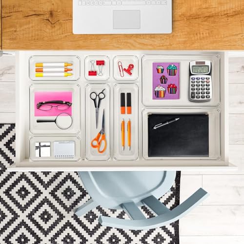 Image of Clear Plastic Drawer Organizers Set, 4-Size Versatile Bathroom and Vanity Drawer Organizer Trays, Storage Bins for Makeup, Bedroom, Kitchen Gadgets Utensils and Office (16 PC SET)