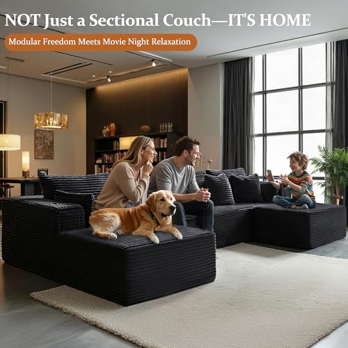 Image of 138 inch Cloud Sectional Couch, Comfort U Shaped Boneless Couch for Living Room, Extra Deep Seats No Assembly, Minimalist Modular Sofa, Corduroy (Black, 3 Seater+Right Facing Chaise+Ottoman)