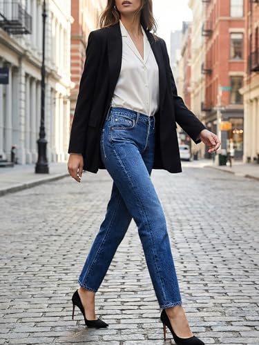 Image of Cicy Bell Womens Straight Leg Jeans High Waisted Mid Rise Stretchy Denim Pants Tapered Petite Jeans