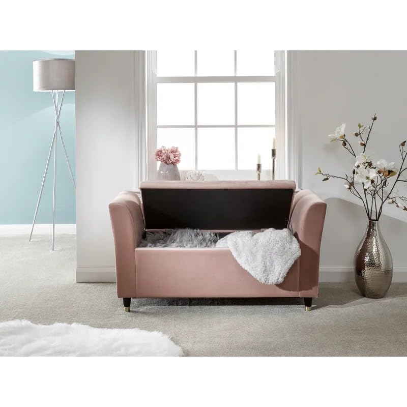 Image of Velvet Upholstered Storage Bench with Arms for Bedroom & Living Room | Tufted 2 Seater End of Bed Ottoman Bench with Hidden Storage | Modern Entryway Seating Sofa Bench with Armrest, Blush Pink