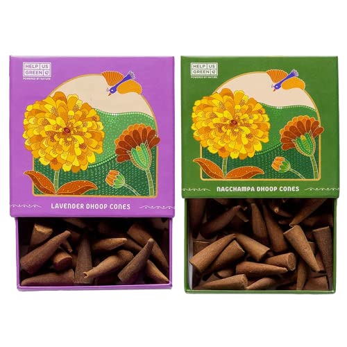 Image of HelpUsGreen Natural Dhoop Cones Lavender and Nagchampa (80 Cones Pack of 2)|Charcoal Free Organic Incense Cones|Low Smoke Long Lasting Incense for Pooja Meditation Aromatheraphy|Free Ceramic Holder