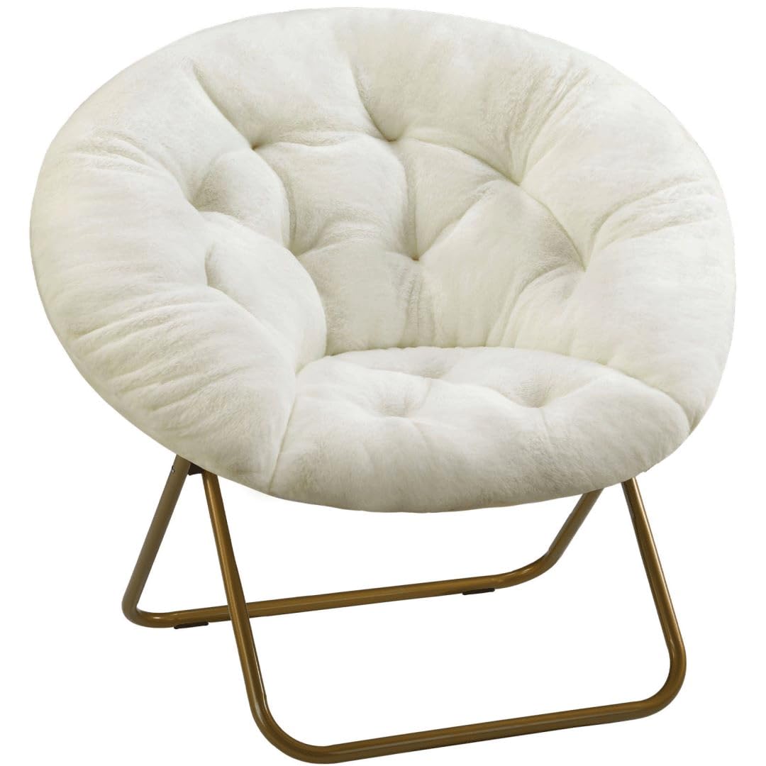 Comfortable Cozy Faux Fur Disc Chair Foldable Feature for Bedroom, Living Room and Dorm, Adult-Sized Relaxation, White