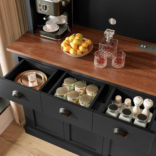 Image of MU 71 inch Kitchen Pantry Cabinet with Charging Station, Tall Pantry Hutch with Drawers, Countertop & Microwave Shelf, Food Storage Cabinet for Dining Room & Coffee Bar, Black