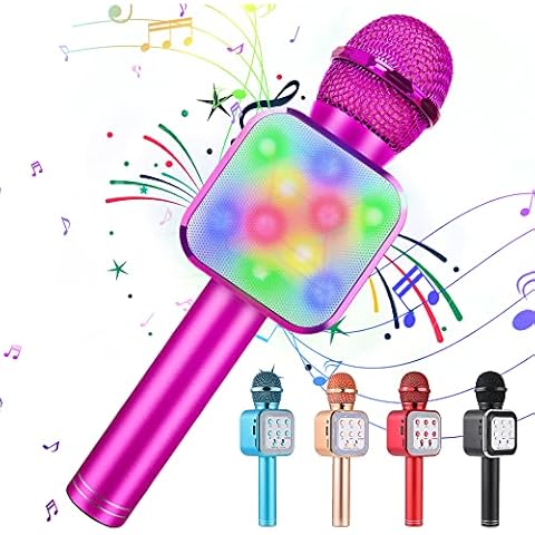 KIDWILL Karaoke Wireless Bluetooth Microphone, 5-in-1 Handheld Karaoke Mic Speaker With Adjustable Remix, LED Lights, FM Radio, Portable Microphone Toy Best Gift for Kids Girls Boys-Pink Cover