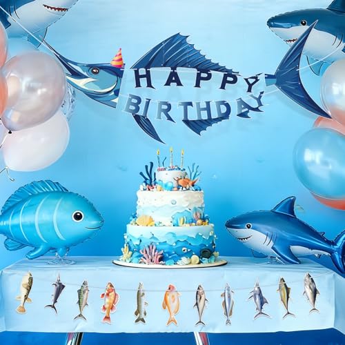 Image of Hooqict Shark Happy Birthday Banner Fishing Birthday Decorations Fish Party Banner Garland Sign for Boys Men Fisherman Sea Ocean Themed Shark Birthday Party Decorations