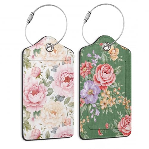Vintage Beautiful Floral 2 Pack Luggage Tag for Suitcase, Cute Unique Leather Bag Tags Identifiers Privacy Cover ID Label with Durable Steel Loop for Women Men Kids Girls Travel
